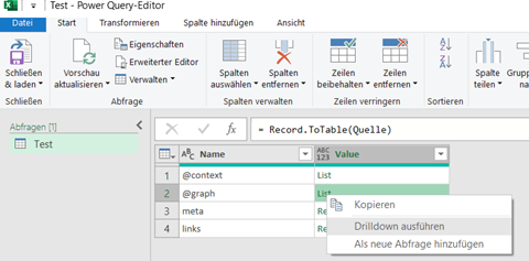 PowerQuery Drilldown ausführen
